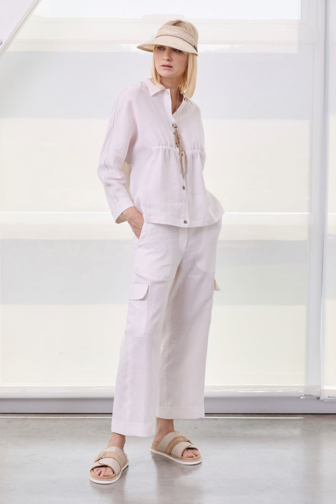 Wide pull-on trousers with cargo drawstring in light pure linen  