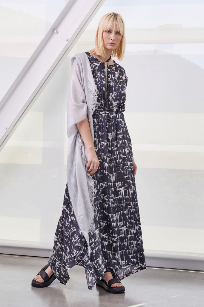 Belted dress in light viscose and cupro voile with Brushstrokes print  