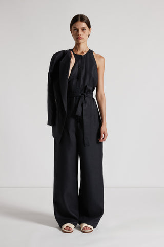 Plain-coloured pure linen gabardine jumpsuit