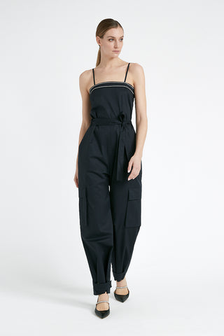 Cargo jumpsuit with twisted cotton shoulder straps  