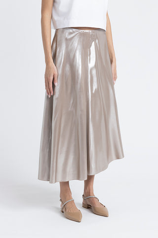 Asymmetrical midi skirt in silver laminated twill  