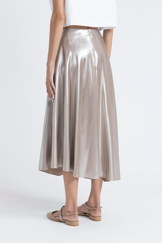 Asymmetrical midi skirt in silver laminated twill  