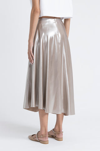 Asymmetrical midi skirt in silver laminated twill  