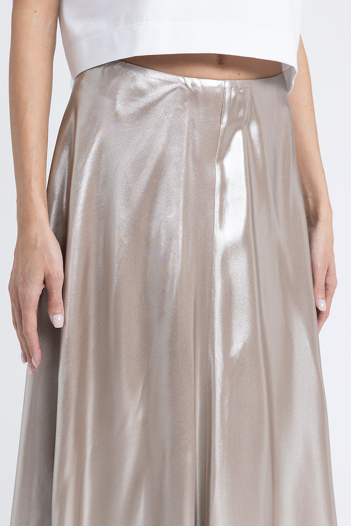 Asymmetrical midi skirt in silver laminated twill  