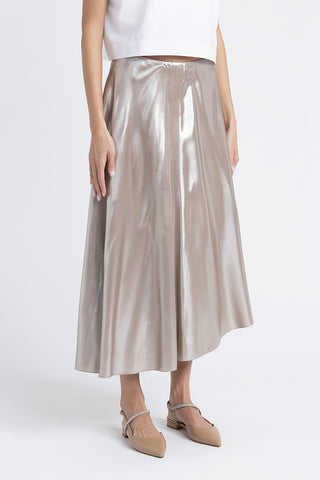 Asymmetrical midi skirt in silver laminated twill  