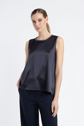 Round-neck top in shiny silk satin  