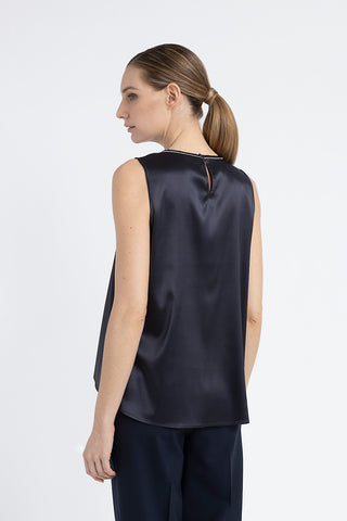 Round-neck top in shiny silk satin  