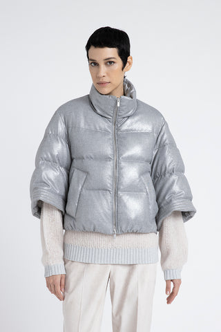 Short down jacket in laminated viscose blend flannel  