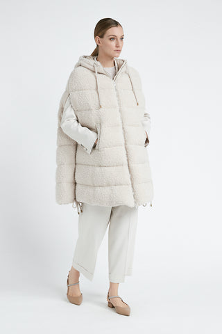 Sleeveless midi down jacket in wool bouclé fabric  