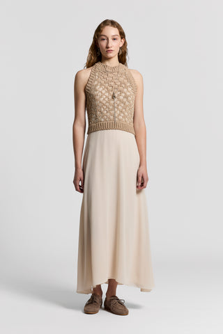Bi-material linen, cotton and lurex dress Golden beige / 36
