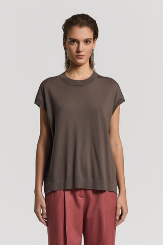 Bi-material wool and silk-blend sweater