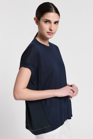 Bi-material wool and silk-blend sweater