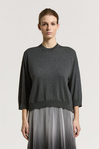 Bi-material lurex wool and crepe de chine sweater