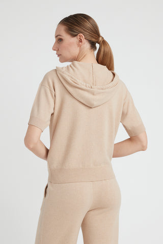 Short-sleeved hooded sweater in a wool, silk and cashmere blend  