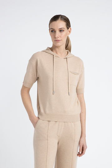 Short-sleeved hooded sweater in a wool, silk and cashmere blend  