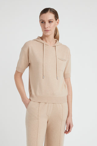 Short-sleeved hooded sweater in a wool, silk and cashmere blend  