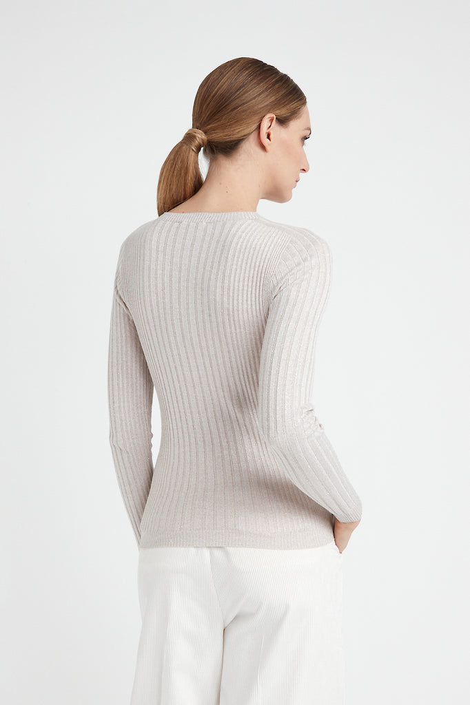Ribbed high neck sweater in viscose yarn and Lurex  