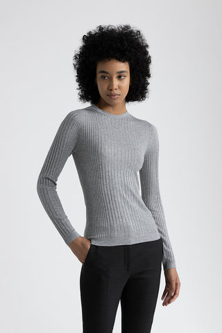 Ribbed high neck sweater in viscose yarn and Lurex  