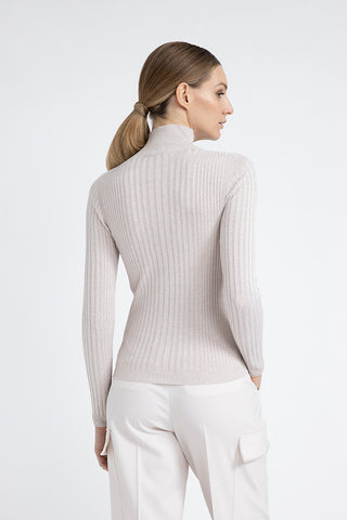 Ribbed high neck sweater in viscose yarn and Lurex  