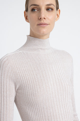 Ribbed high neck sweater in viscose yarn and Lurex  