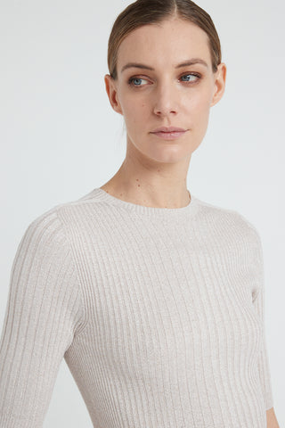 Ribbed short-sleeved sweater in viscose yarn and Lurex  