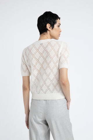 Merino wool and alpaca lace pattern short-sleeved sweater  