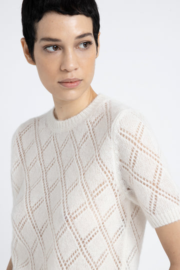 Merino wool and alpaca lace pattern short-sleeved sweater  