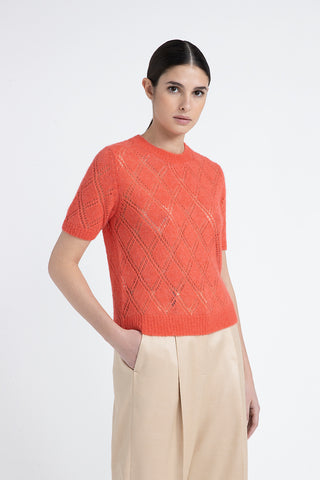 Merino wool and alpaca lace pattern short-sleeved sweater  