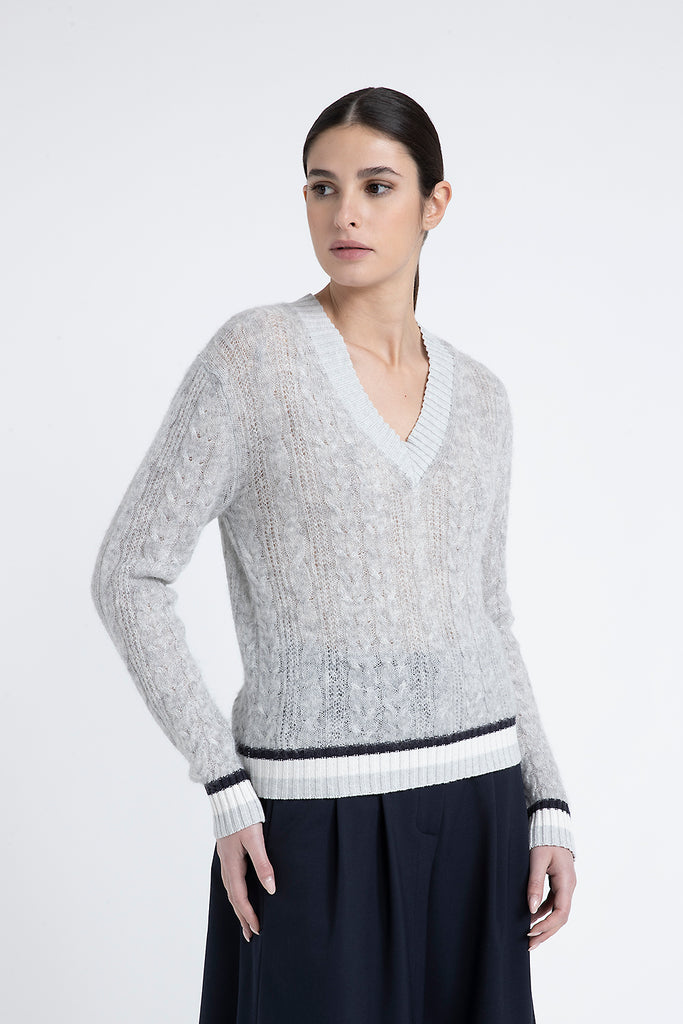 Merino wool, alpaca and Lurex sweater with plaited stitch V-neck  