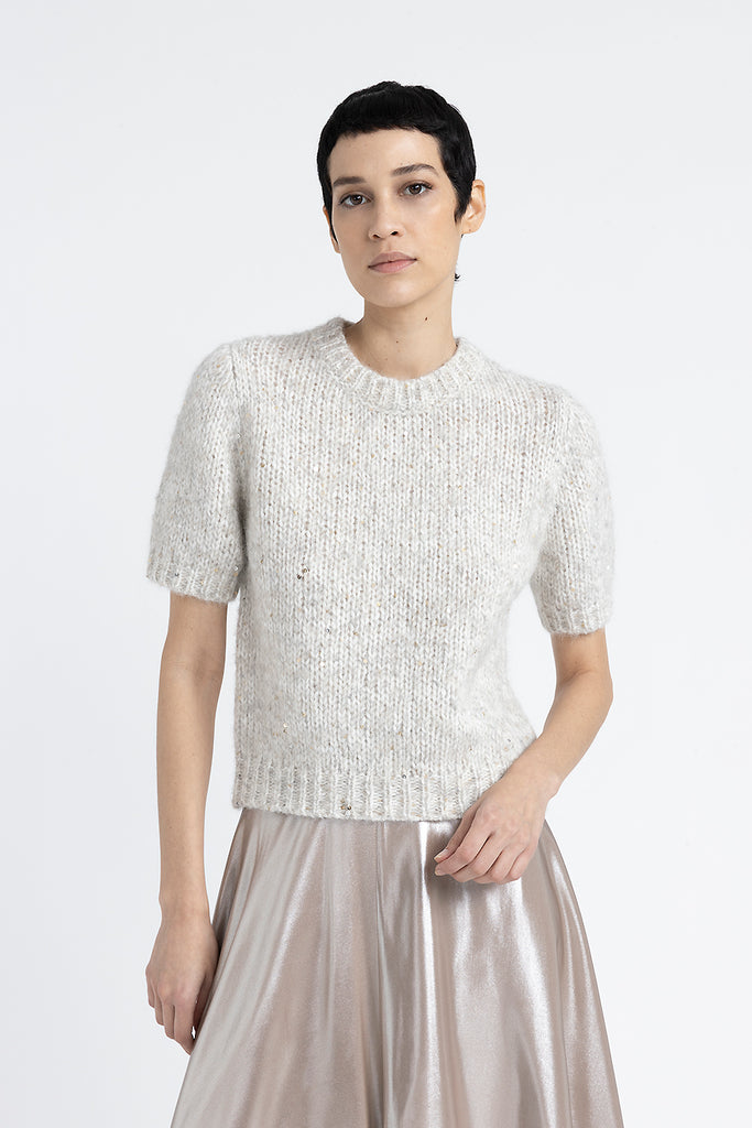 Short-sleeved sweater in an alpaca blend mouliné yarn with sequins  