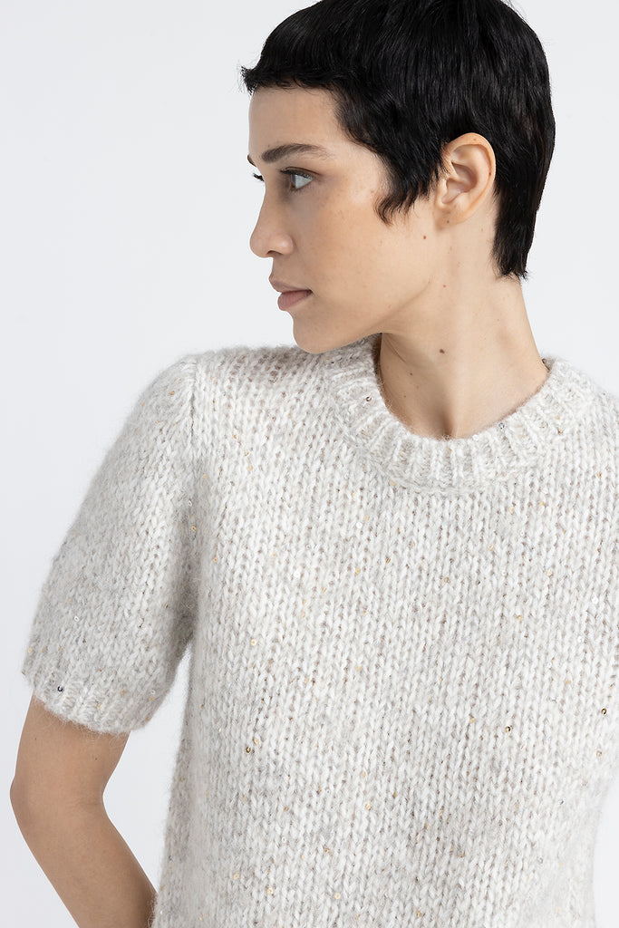 Short-sleeved sweater in an alpaca blend mouliné yarn with sequins  