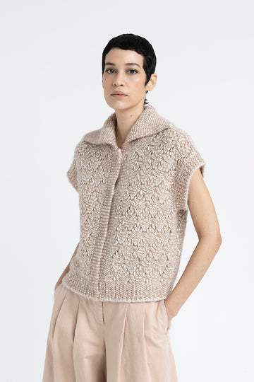 Buttoned waistcoat in alpaca mouliné yarn with sequins and Lurex  