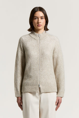 Bouclé zip-up sweater with micro-sequins