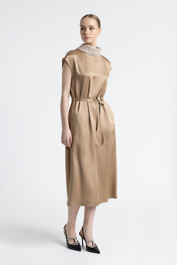 Satin midi dress with funnel neck  