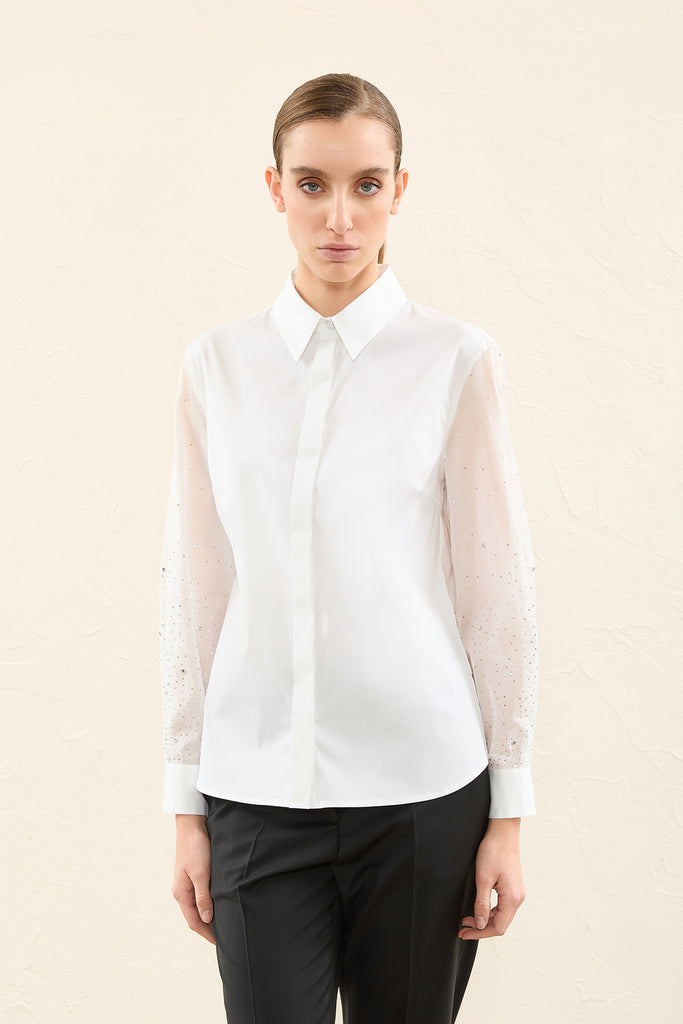 Popeline shirt with embroidered organza sleeves  