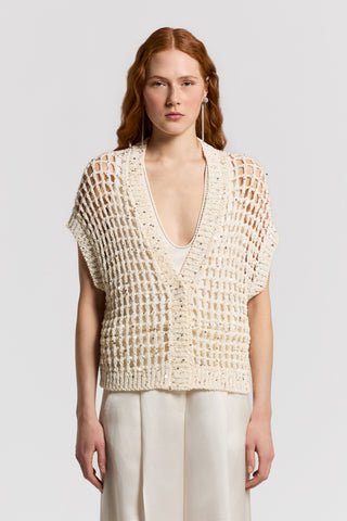 Cotton ribbon cardigan with sequins