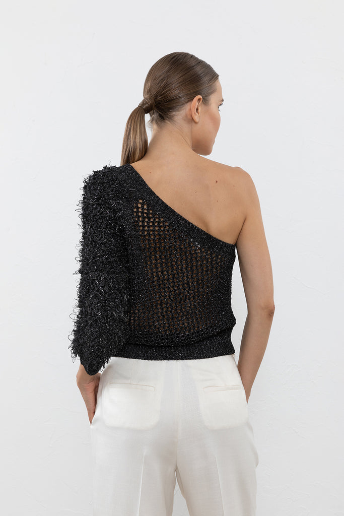 Linen lurex slub yarn mesh one shoulder sweater  