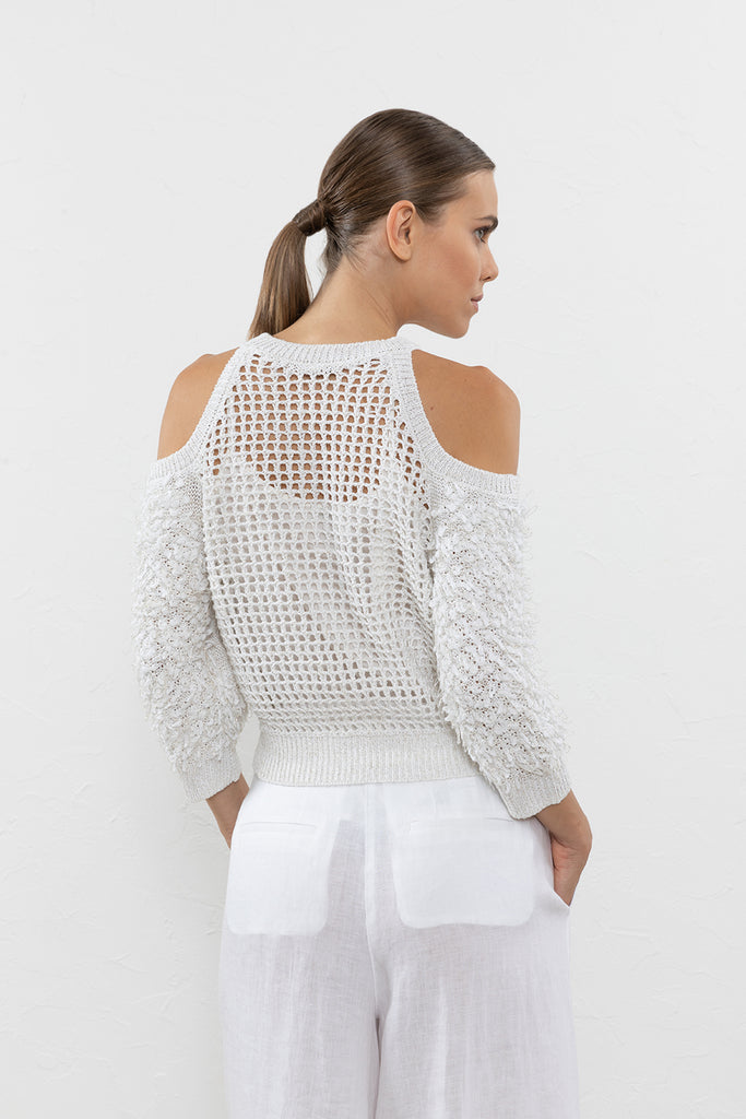 Linen lurex slub yarn mesh sweater  