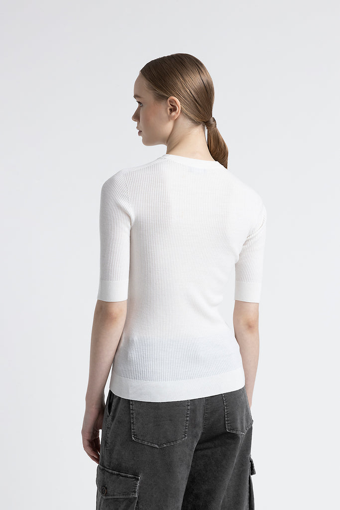 Pure new wool ribbed short sleeve sweater  