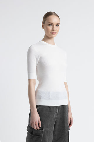 Pure new wool ribbed short sleeve sweater  