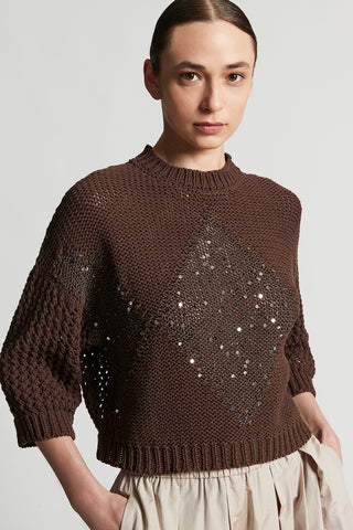 Cotton cordonnetto jacquard sweater with sequins