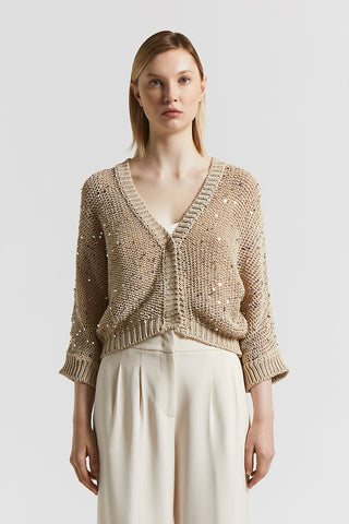 Cotton ribbon cardigan with maxi sequins