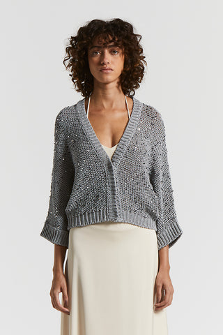 Cotton ribbon cardigan with maxi sequins