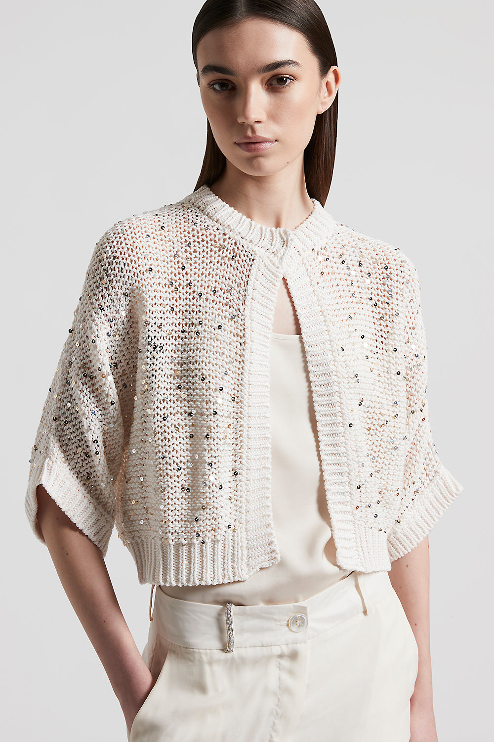 Cotton ribbon cardigan with maxi sequins | Peserico