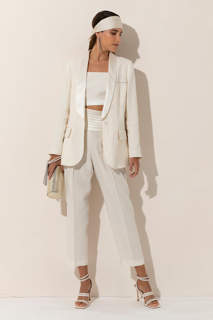 Single-breasted blazer in pure linen with shawl collar in glossy silk satin  