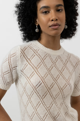 Merino wool and alpaca lace pattern short-sleeved sweater  