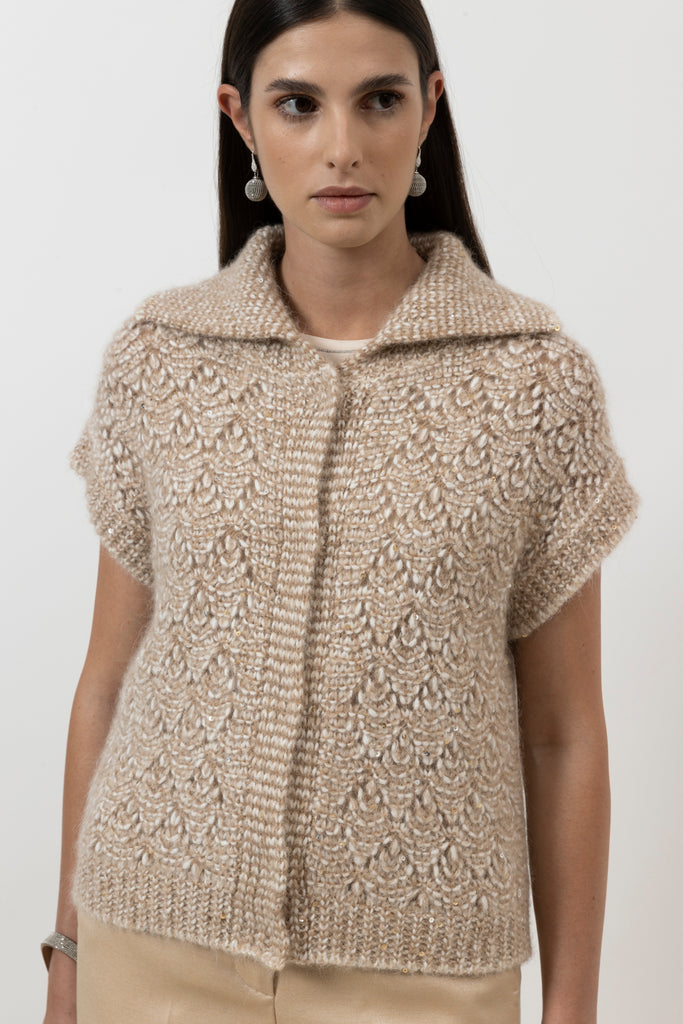 Buttoned waistcoat in alpaca mouliné yarn with sequins and Lurex  