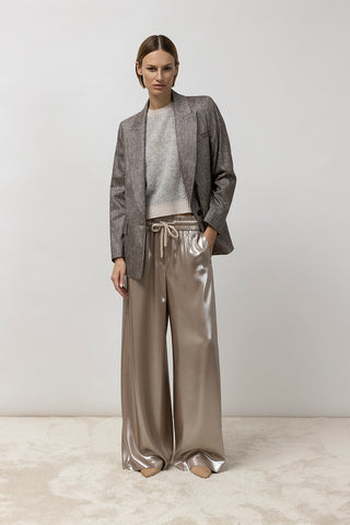 Fluid silver laminated twill trouser