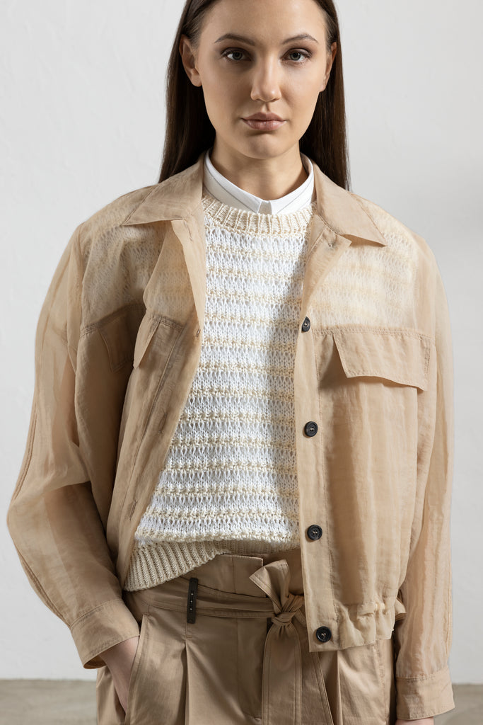 Pure cotton and mini sequin openwork stripe sweater  