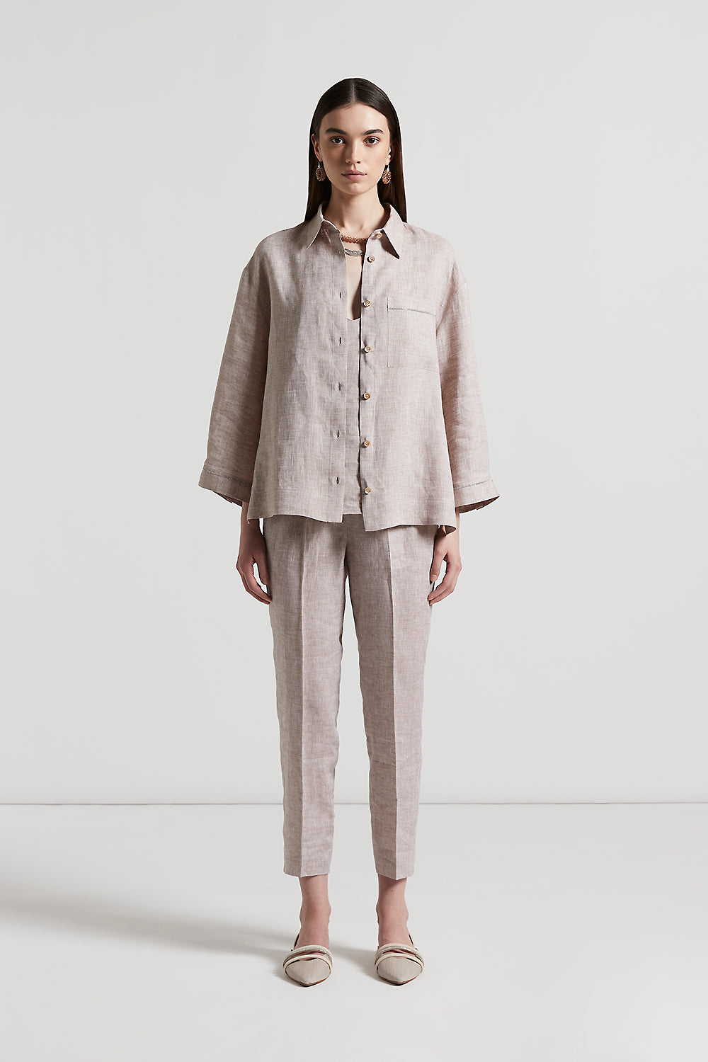 専用　Deuxieme Classe PROTAGONISTA LINEN Sand Kaftan Grandad-Collar Linen Shirt | Luca Faloni